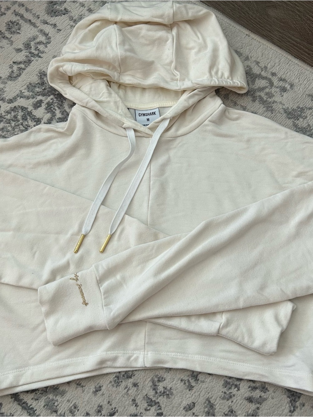 Gymshark Whitney Simmons Cream-White Pullover Hoodie with Gold Accents